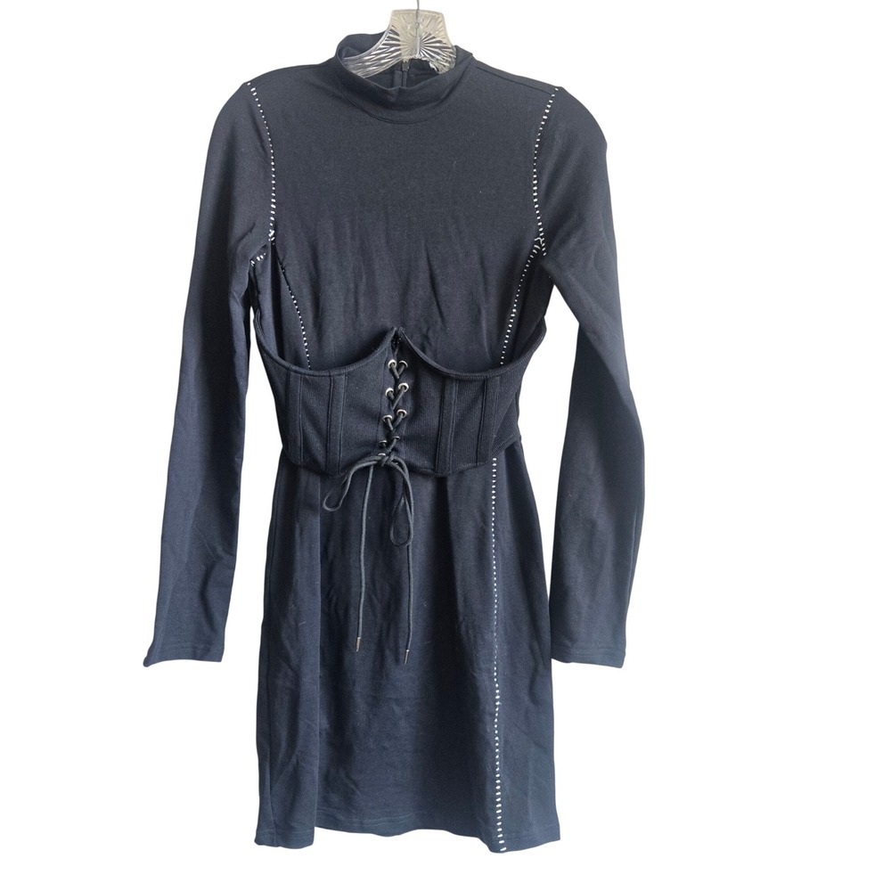 Capsulle Medium Mini Dress Womens Black Excellent Corset Lace Up Mock Neck